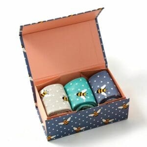 Women's bamboo bumble bee socks in a gift box.