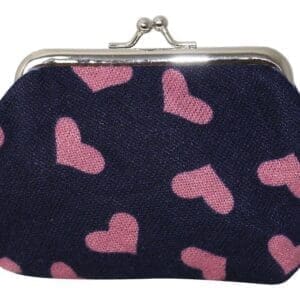 A petite purse adorned with heart motifs and constructed with a metal frame.