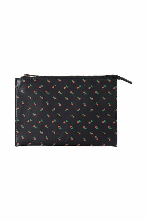 A black zippered Leather cherries pouch/clutch.