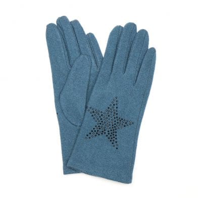 A pair of winter gloves adorned with a star on teal wool.
