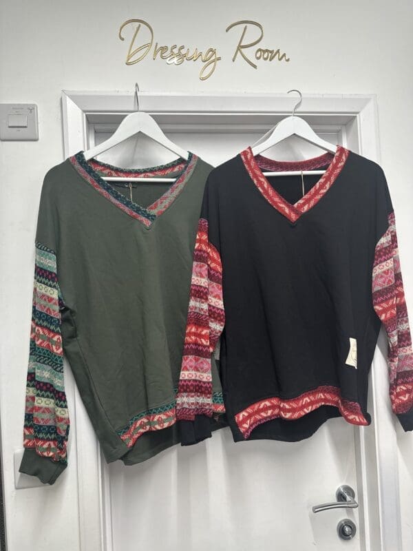 Two sweaters hanging on a door.