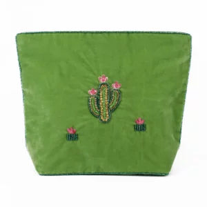 A green pouch with cactus embroidered on it.