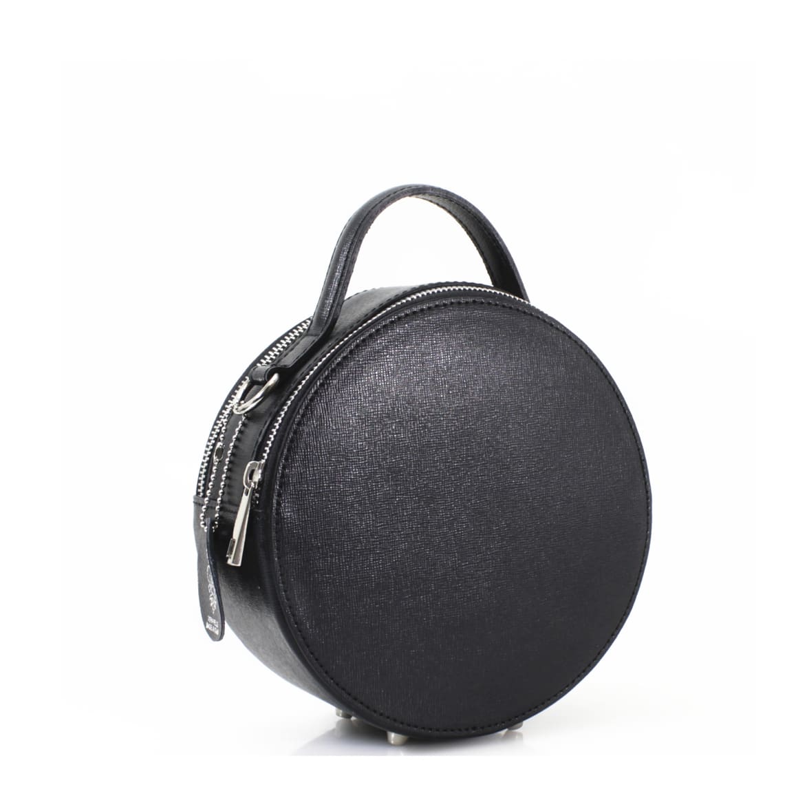 A black leather round bag on a white background.