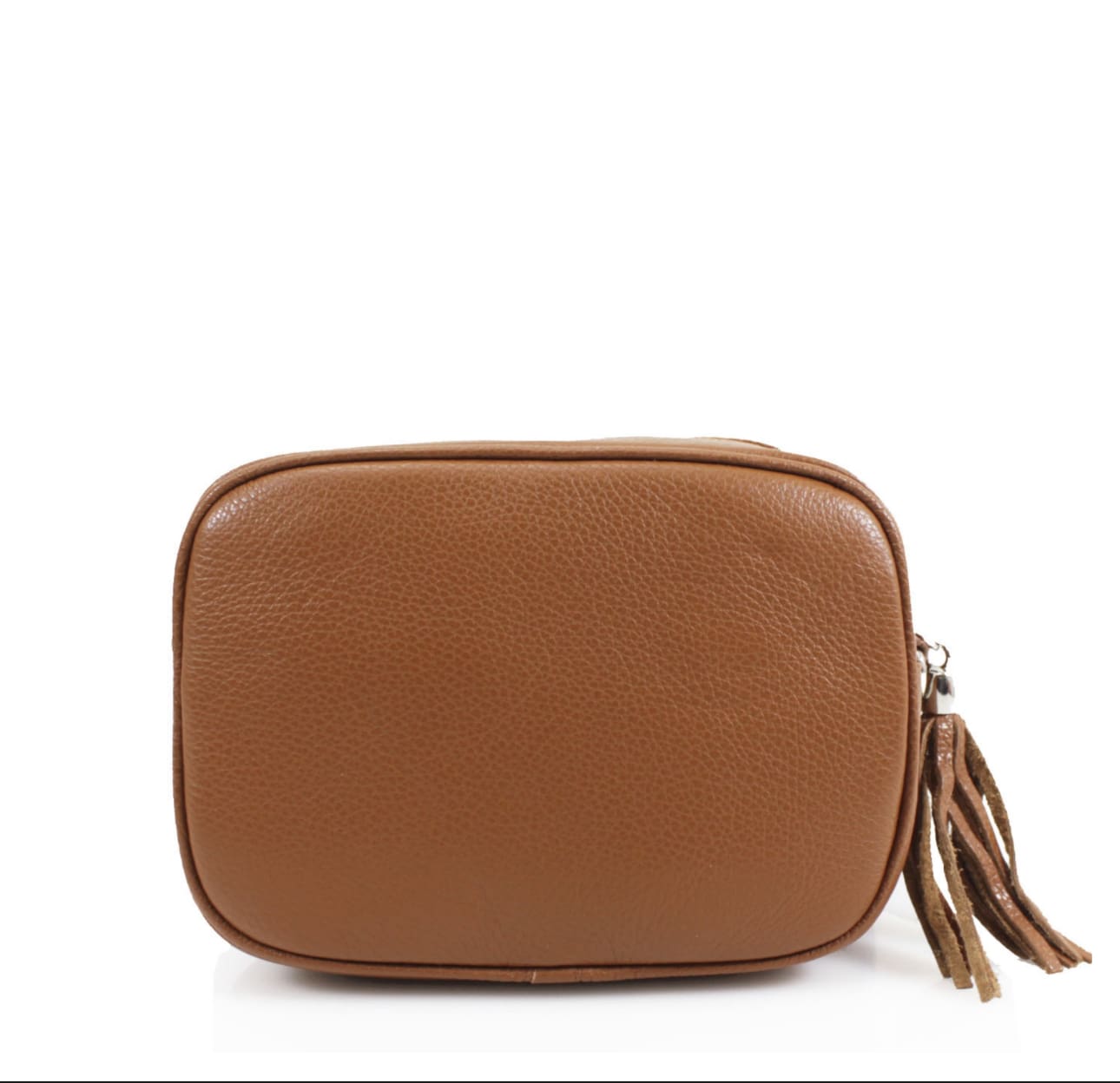 A tan leather bag with a tassel.