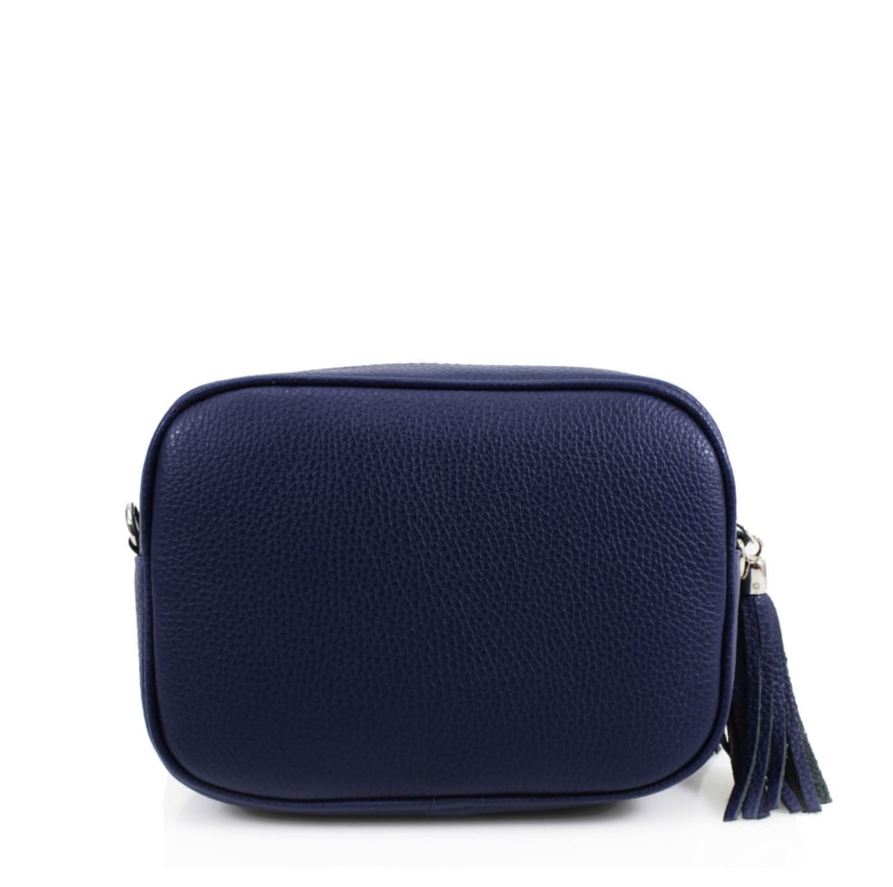 The navy leather cross body bag with tassel.