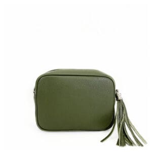 A green leather cross body bag with a tassel.