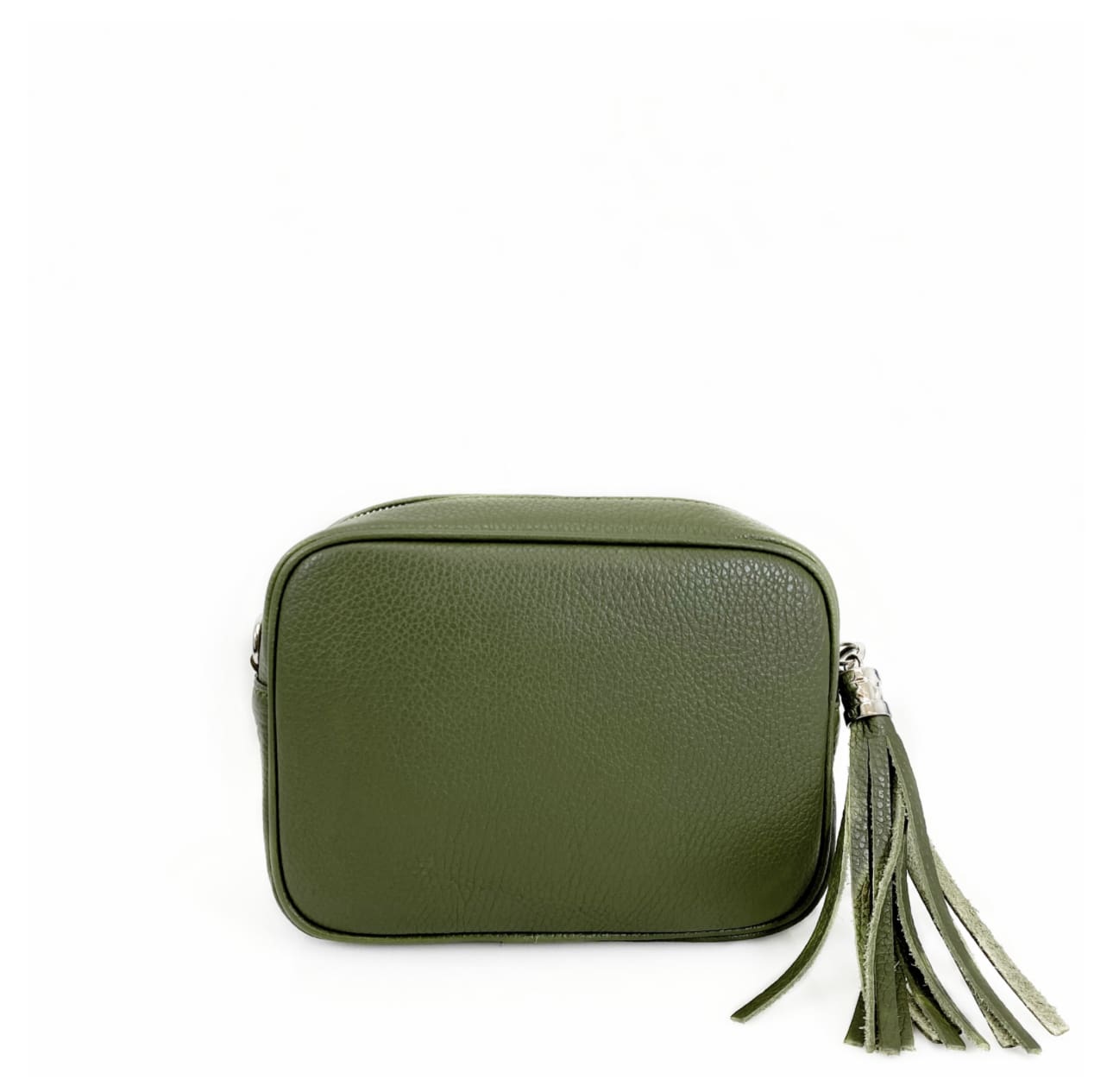 A green leather cross body bag with a tassel.