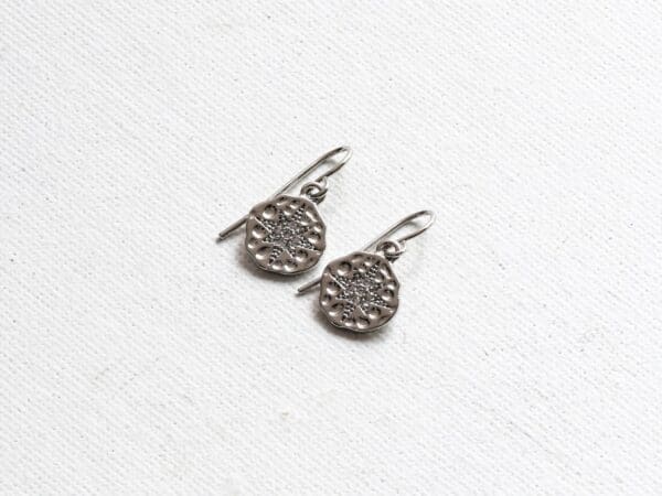 A pair of silver earrings on a white surface.