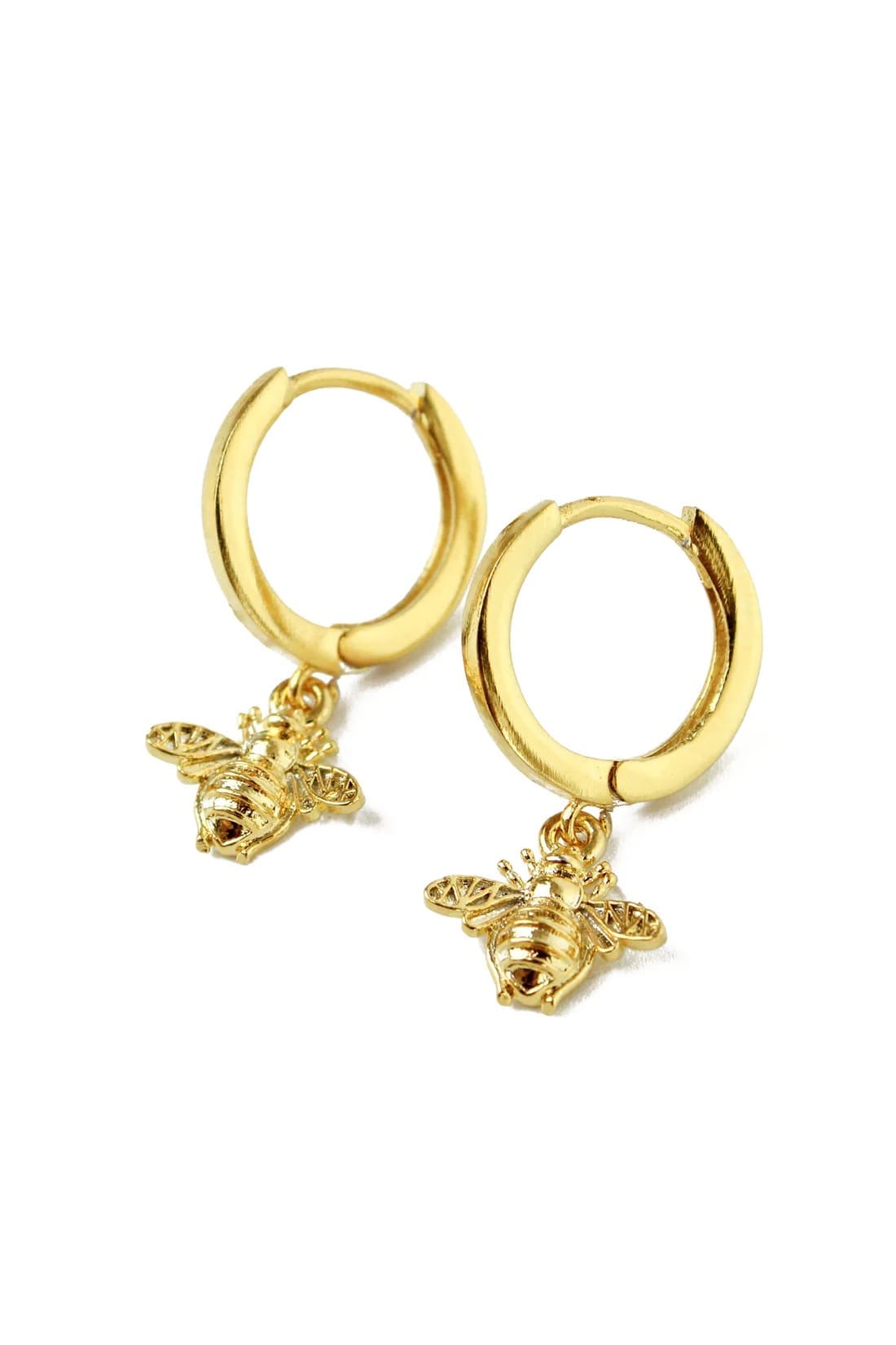 A pair of gold plated bee hoop earrings.