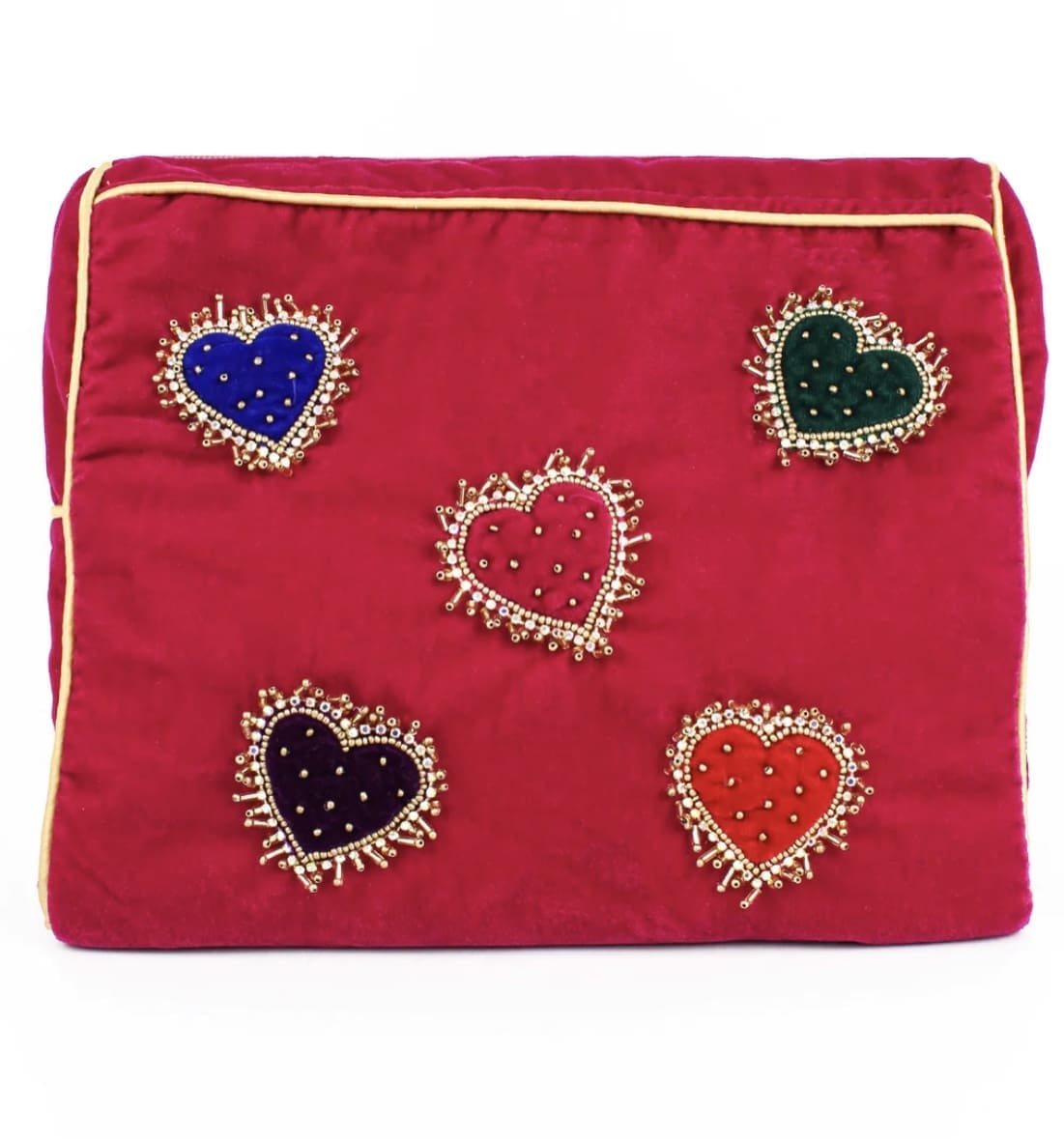A red pouch with hearts on it.