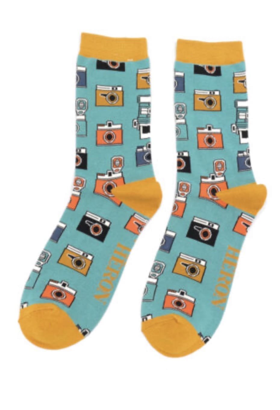 A pair of socks with cameras on them.