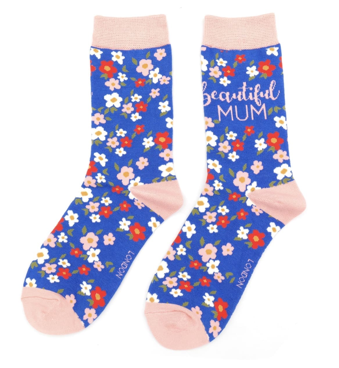 A pair of blue floral socks with the words'beautiful mum'on them.