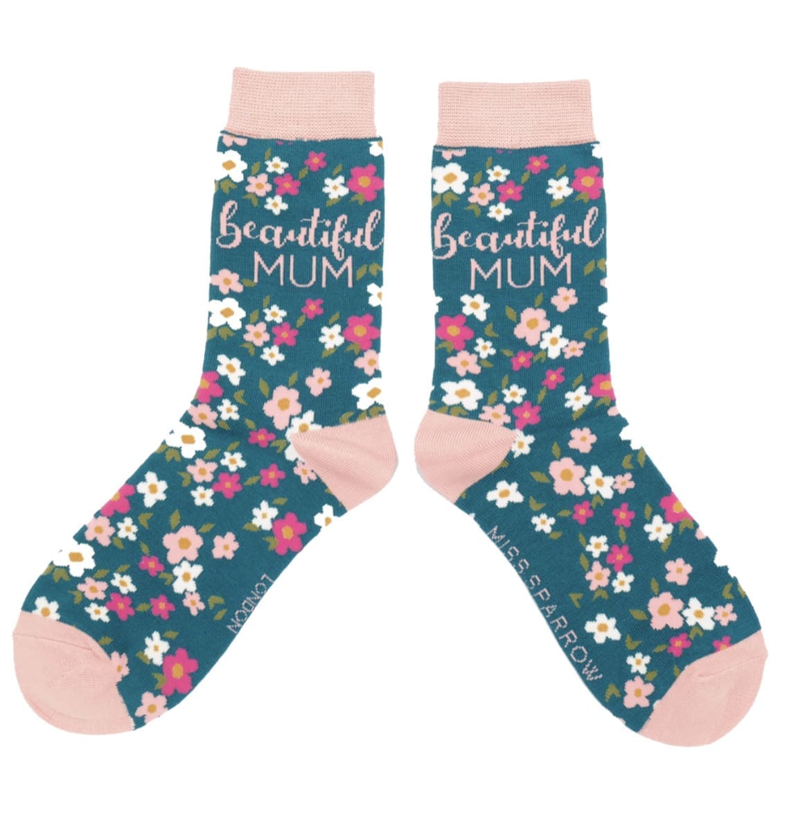 A pair of socks with the words'beautiful mum'on them.