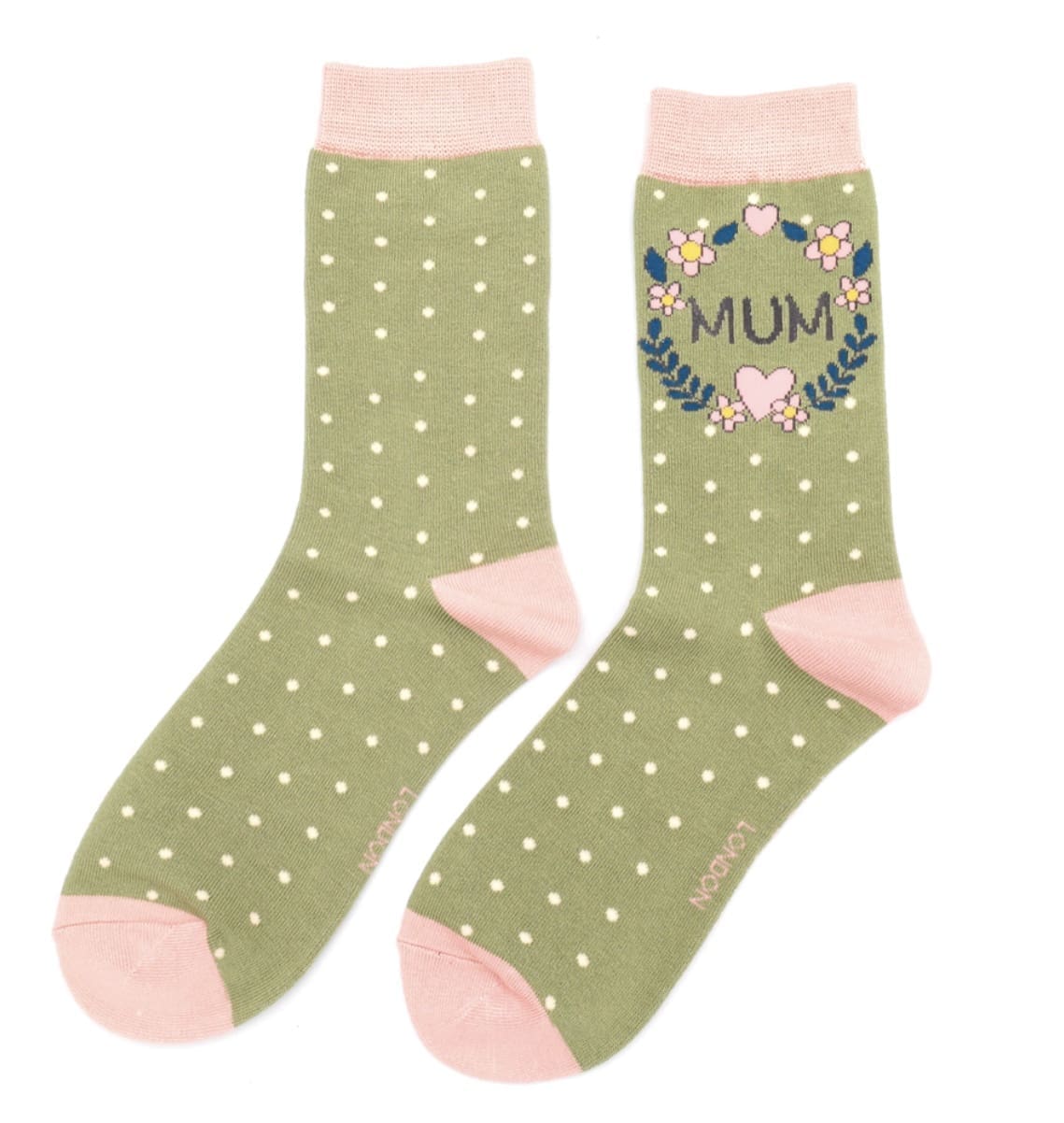 A pair of green and pink socks with the word mum on them.
