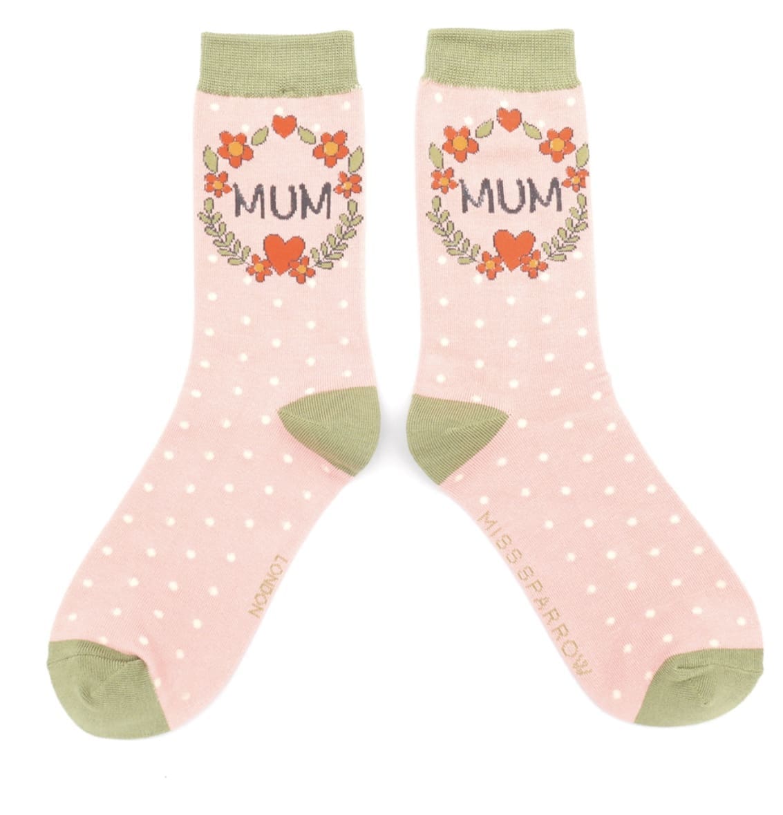 A pair of pink socks with the word mum on them.