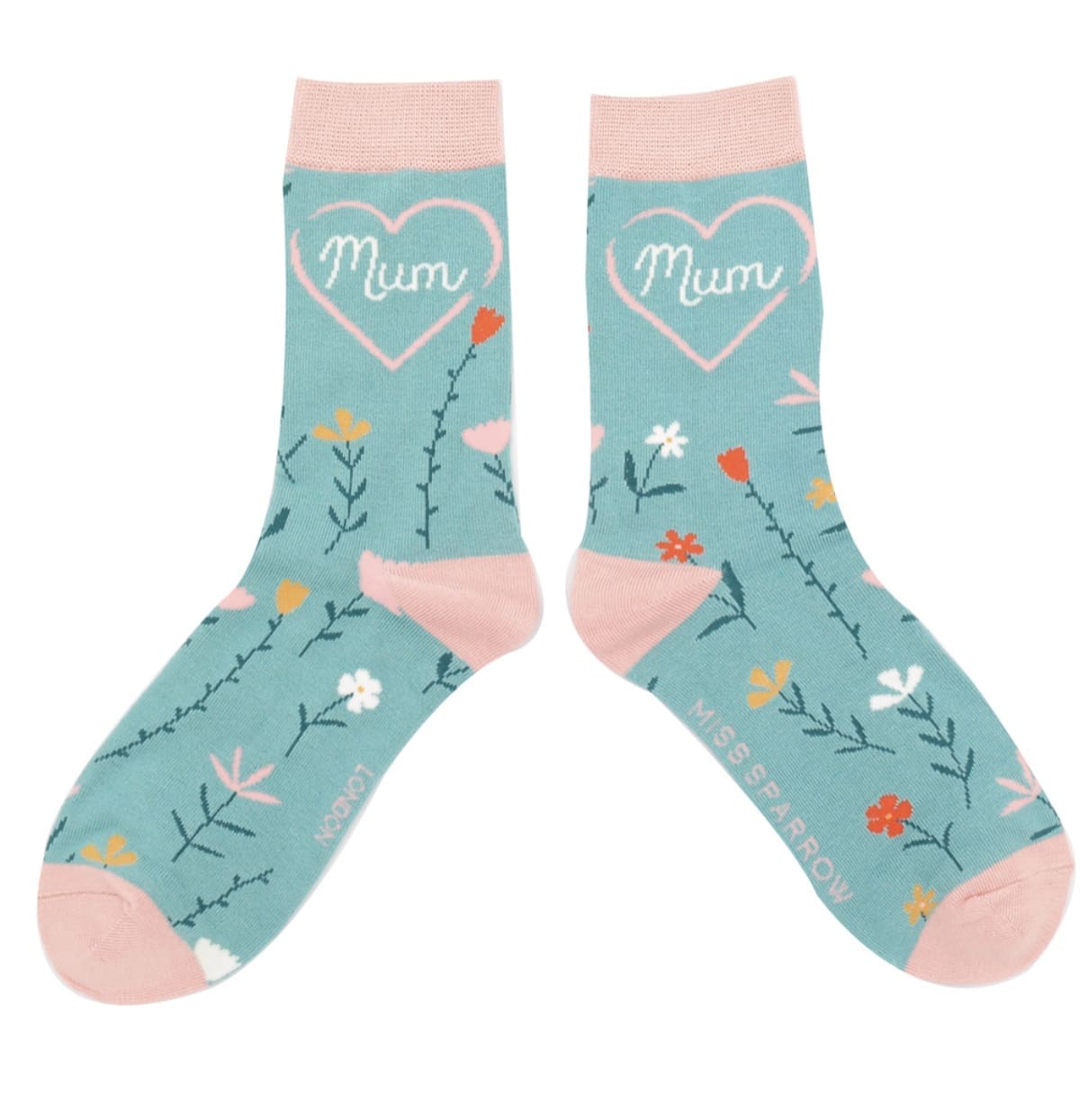 A pair of blue and pink socks with the word mom on them.